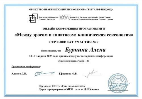 Сертификат - Бурнина Алена Сергеевна