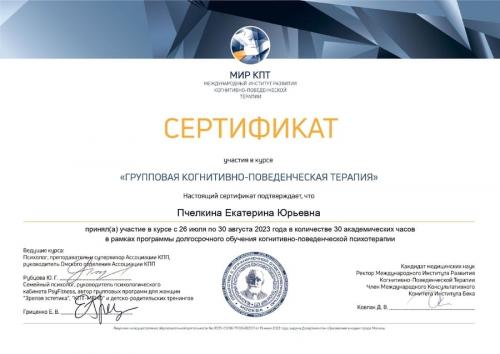 Сертификат о повышении квалификации Пчеликной Екатирны Юрьевны