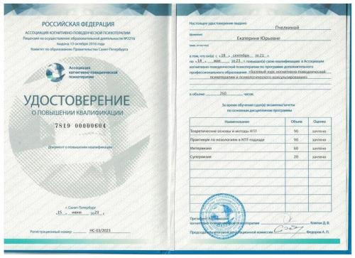 Удостоверение о повышении квалификации Пчеликной Екатирны Юрьевны