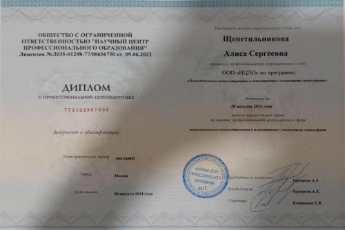 Сертификат Щепетильниковой Алисы Сергеевны
