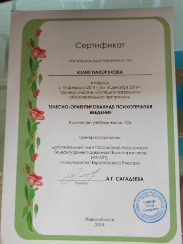 Пахорукова Юлия Николаевна - Сертификат о повышении квалификации