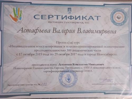 Сертификат Валдайской Валерии Владимировны