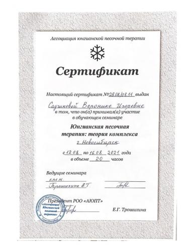 Садчикова Вероника Игоревна - Сертификат о повышении квалификации