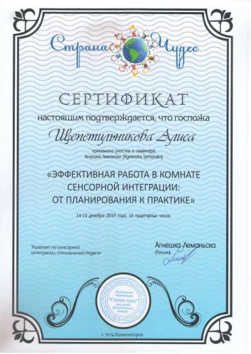 Сертификат «Сенсорной интеграции» Щепетильниковой Алисы Сергеевны