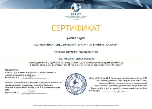 Сертификат о повышении квалификации Пчеликной Екатирны Юрьевны
