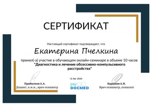 Сертификат о повышении квалификации Пчеликной Екатирны Юрьевны