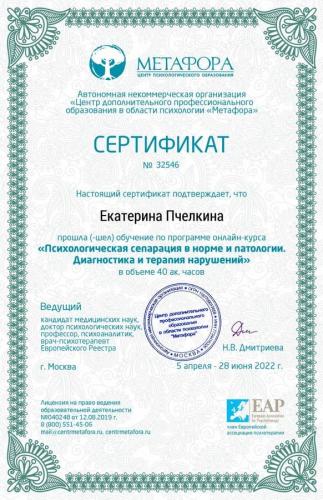 Сертификат о повышении квалификации Пчеликной Екатирны Юрьевны