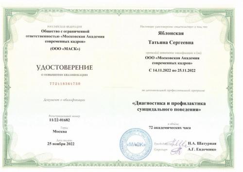 Врач-психиатр Яблонская Татьяна Сергеевна - Сертификат о повышении квалификации